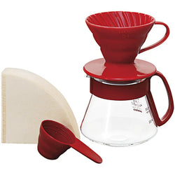 Hario V60 Size #01 Porcelain Coffee Dripper, Glass Server, Measuring Spoon, and Filters VDS-3012R